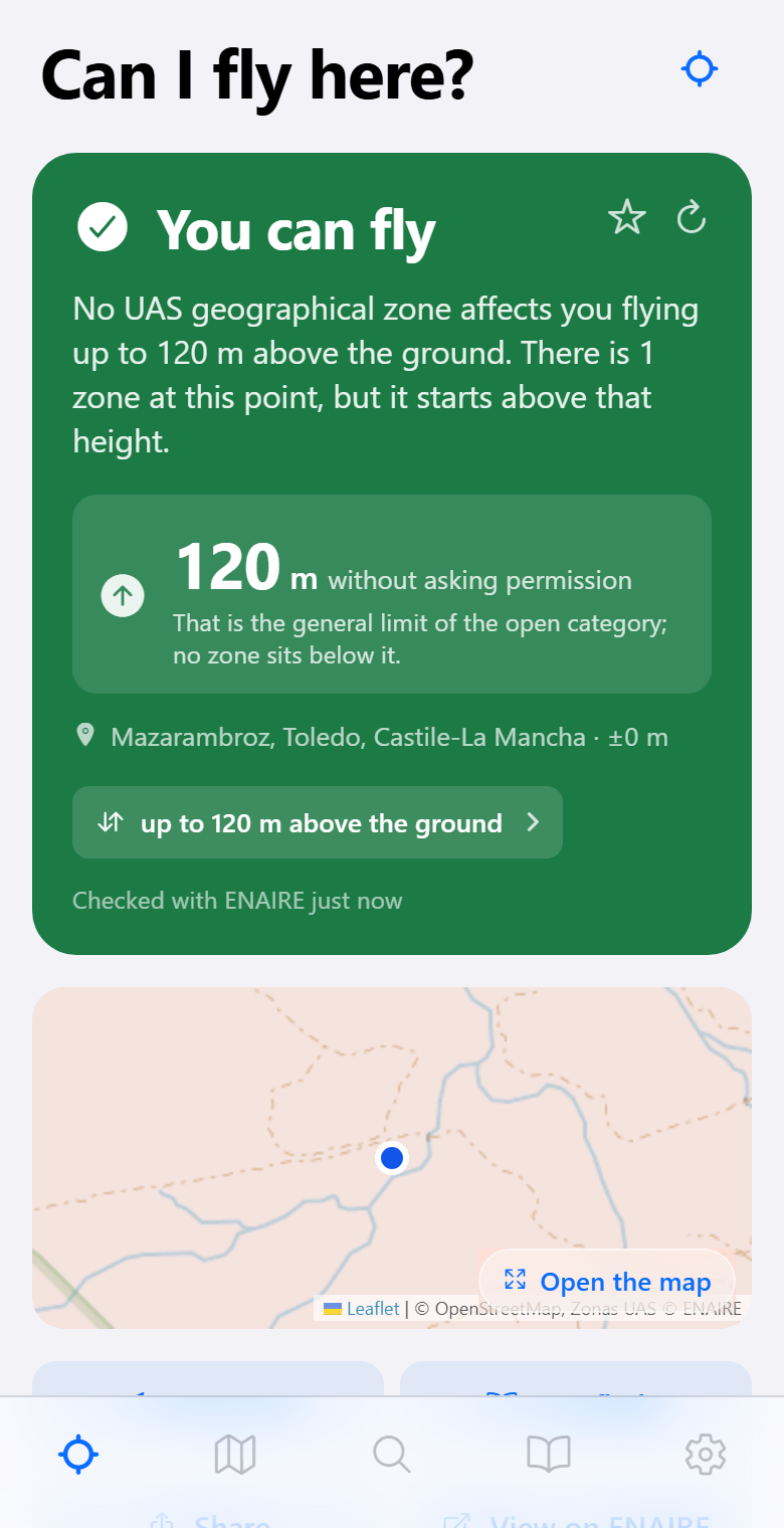 Main screen with the verdict for the current spot